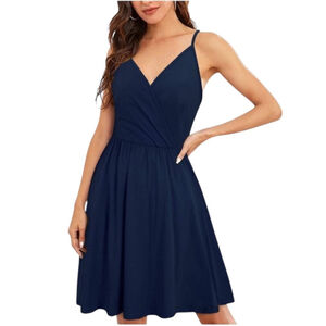 Cherfly Navy Blue Vneck Faux Wrap Dress w/ Pockets Size Medium NWT